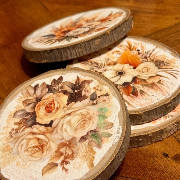 Handmade Floral Wood Coasters | Vintage Boho Cottagecore Aesthetic | Set of 4 - Picture 5 of 8